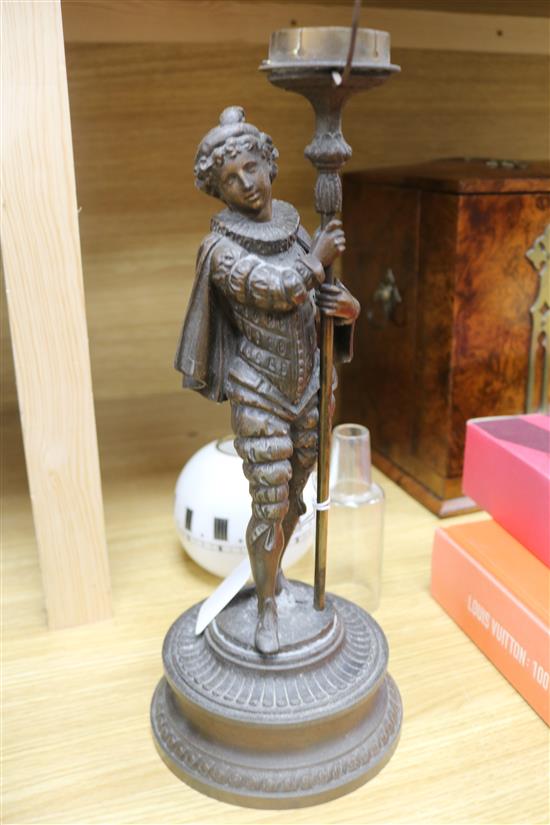 A late 19th century French bronzed spelter timepiece lamp H.45cm.